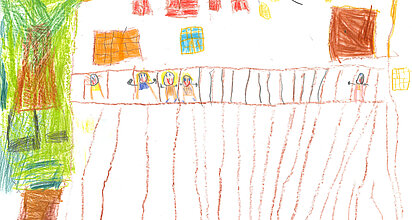 Das Bild wurde von Kindern des Kinder- und Familienzentrums St. Franziskus in Kaltental gemalt und zeigt eine Brücke aus Seilen, über die viele Kinder laufen.